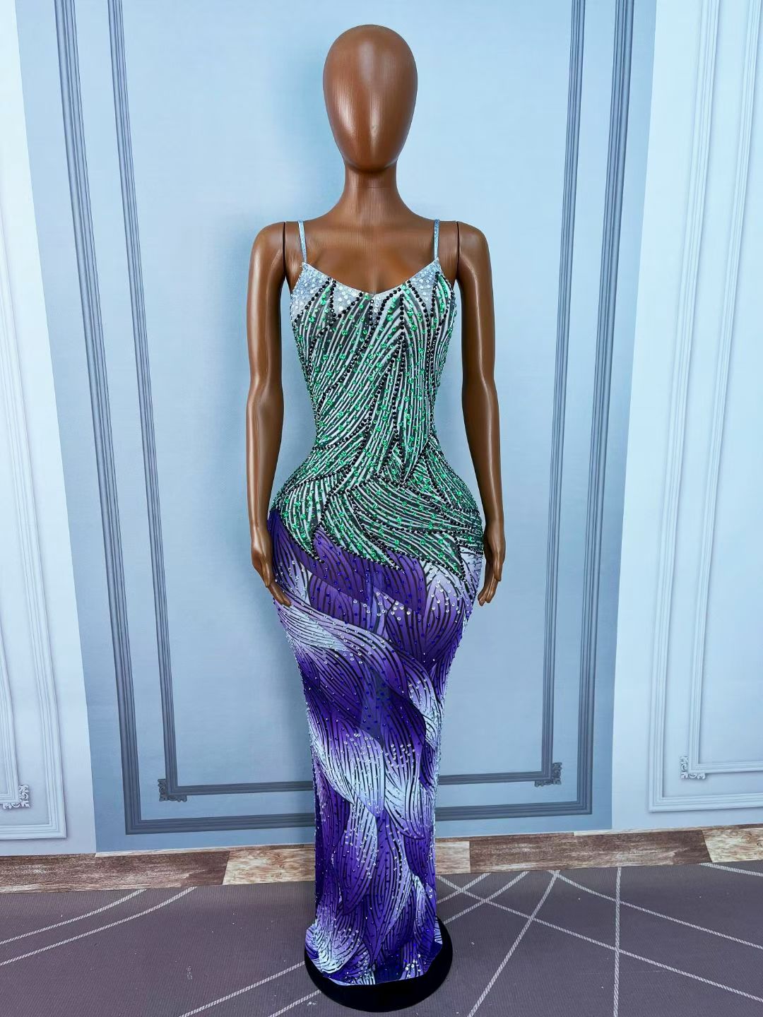 CELESINYI Ziyahua Crystal Green Purple Mermaid Gown