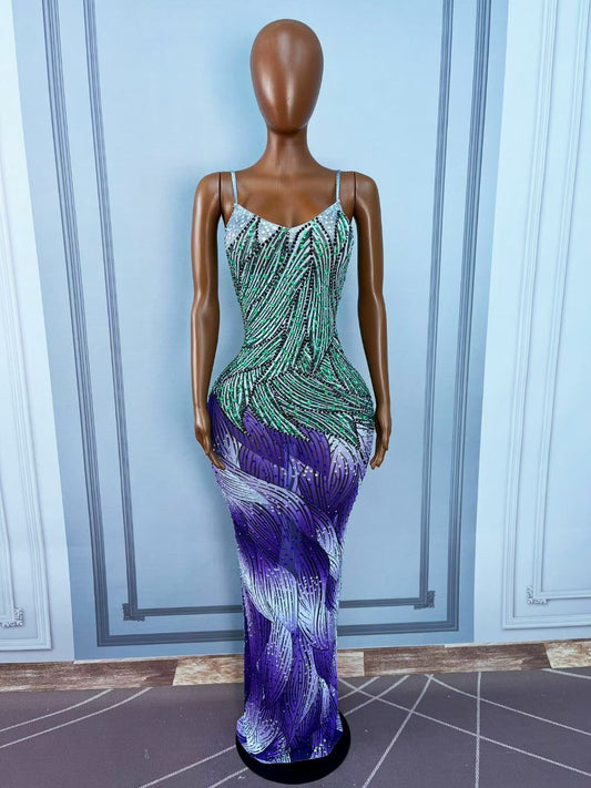 CELESINYI Ziyahua Crystal Green Purple Mermaid Gown