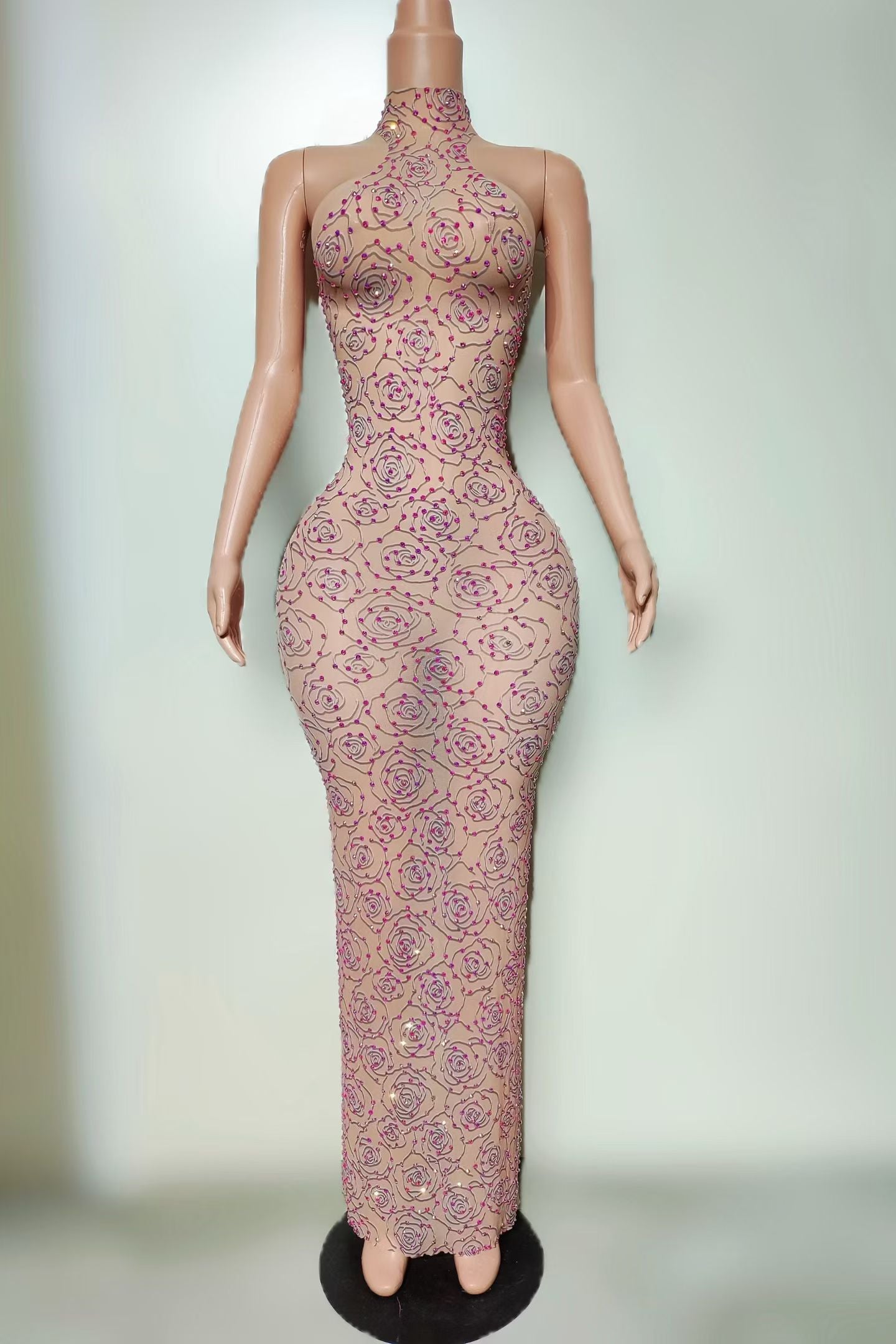 CELESINYI Fengui Crystal Rose Print Maxi Dress