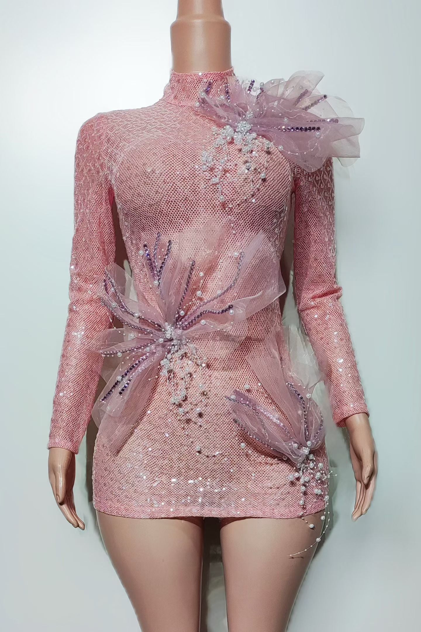 CELESINYI Fendai Crystal Rose Flower Mini Dress