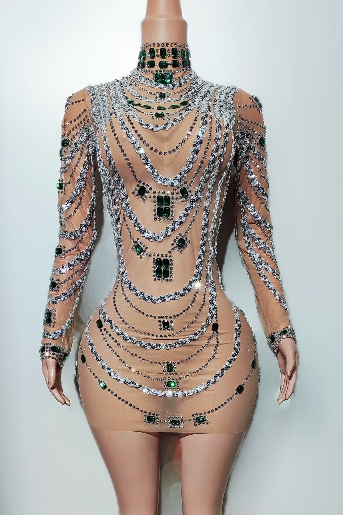 CELESINYI Bixi Crystal Emerald Swag Mini Dress