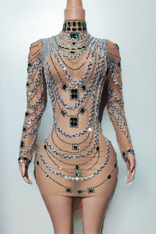 CELESINYI Bixi Crystal Emerald Swag Mini Dress