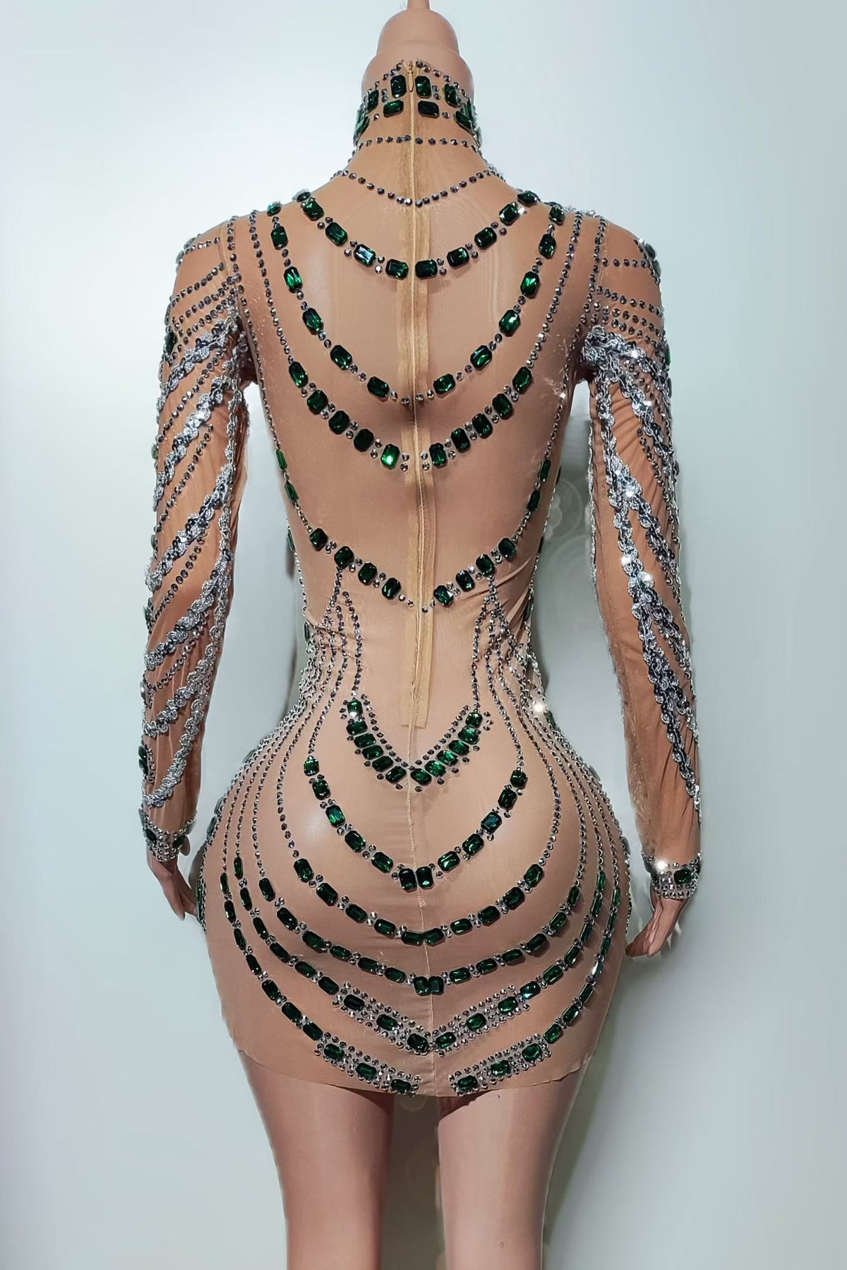 CELESINYI Bixi Crystal Emerald Swag Mini Dress