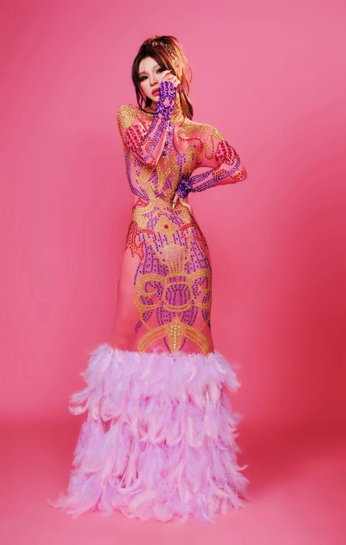 CELESINYI Xiaoyanzi Crystal Beaded Feather Gown