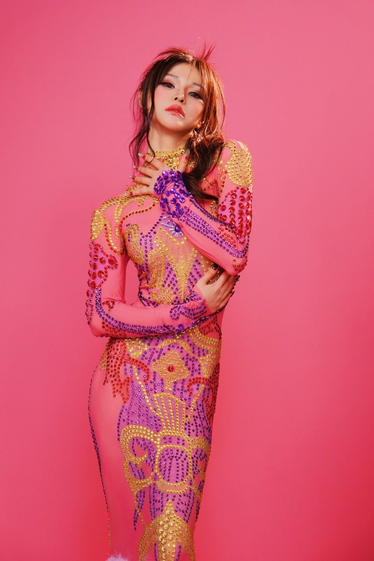 CELESINYI Xiaoyanzi Crystal Beaded Feather Gown