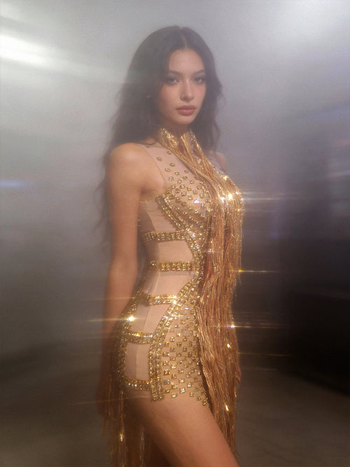 CELESINYI Jintiao Crystal Gold Fringe Bodysuit