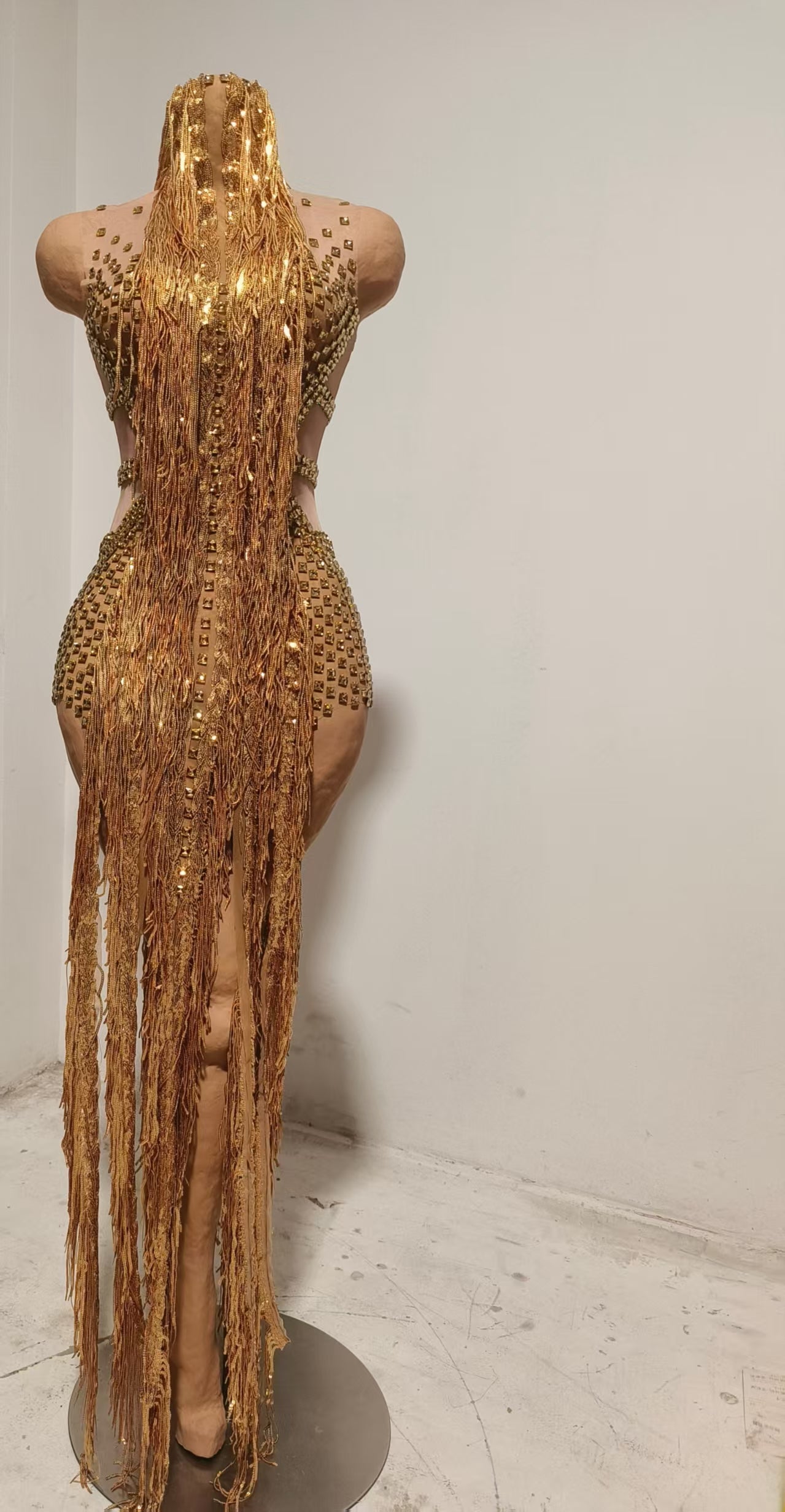 CELESINYI Jintiao Crystal Gold Fringe Bodysuit