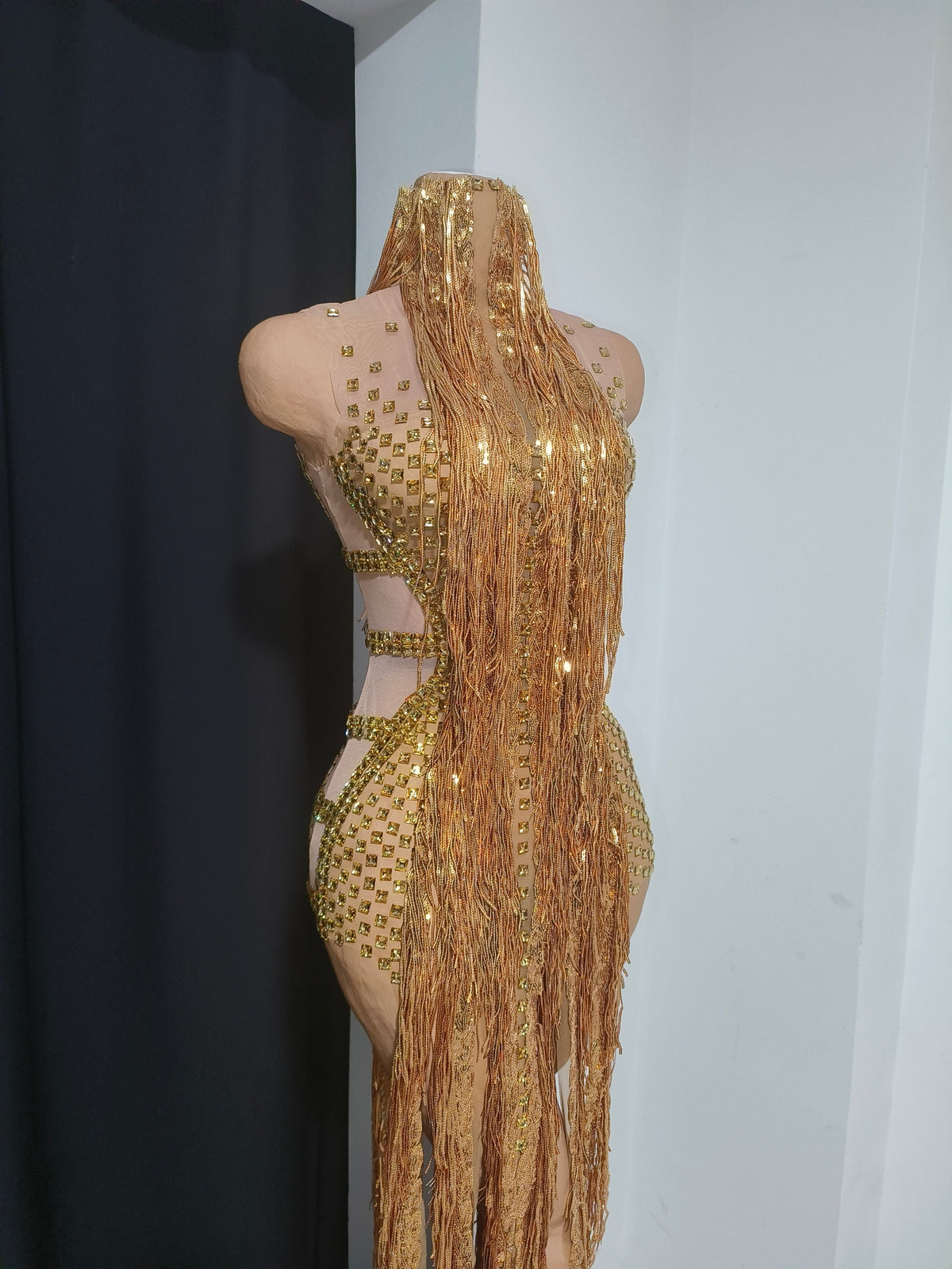 CELESINYI Jintiao Crystal Gold Fringe Bodysuit
