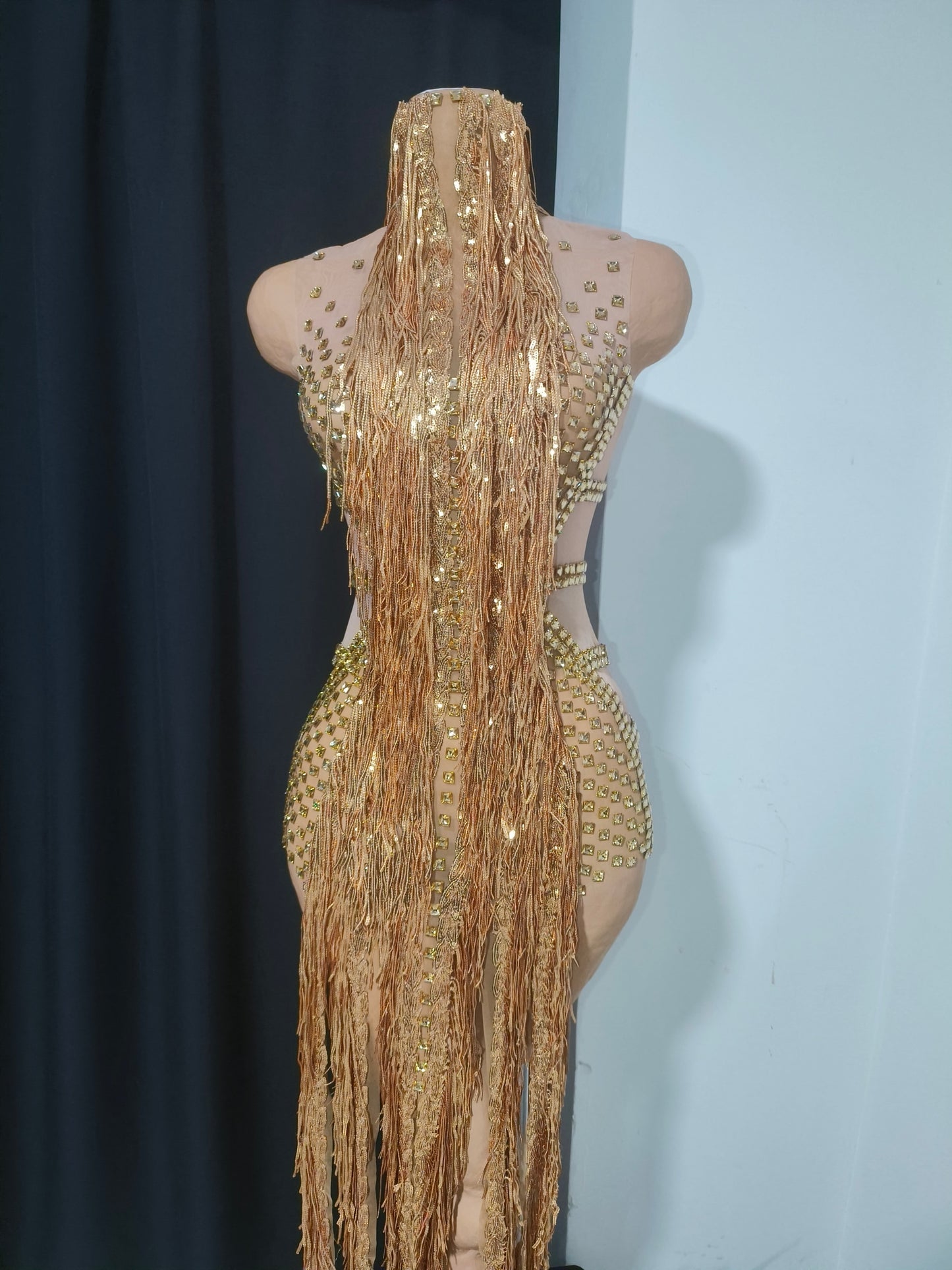 CELESINYI Jintiao Crystal Gold Fringe Bodysuit