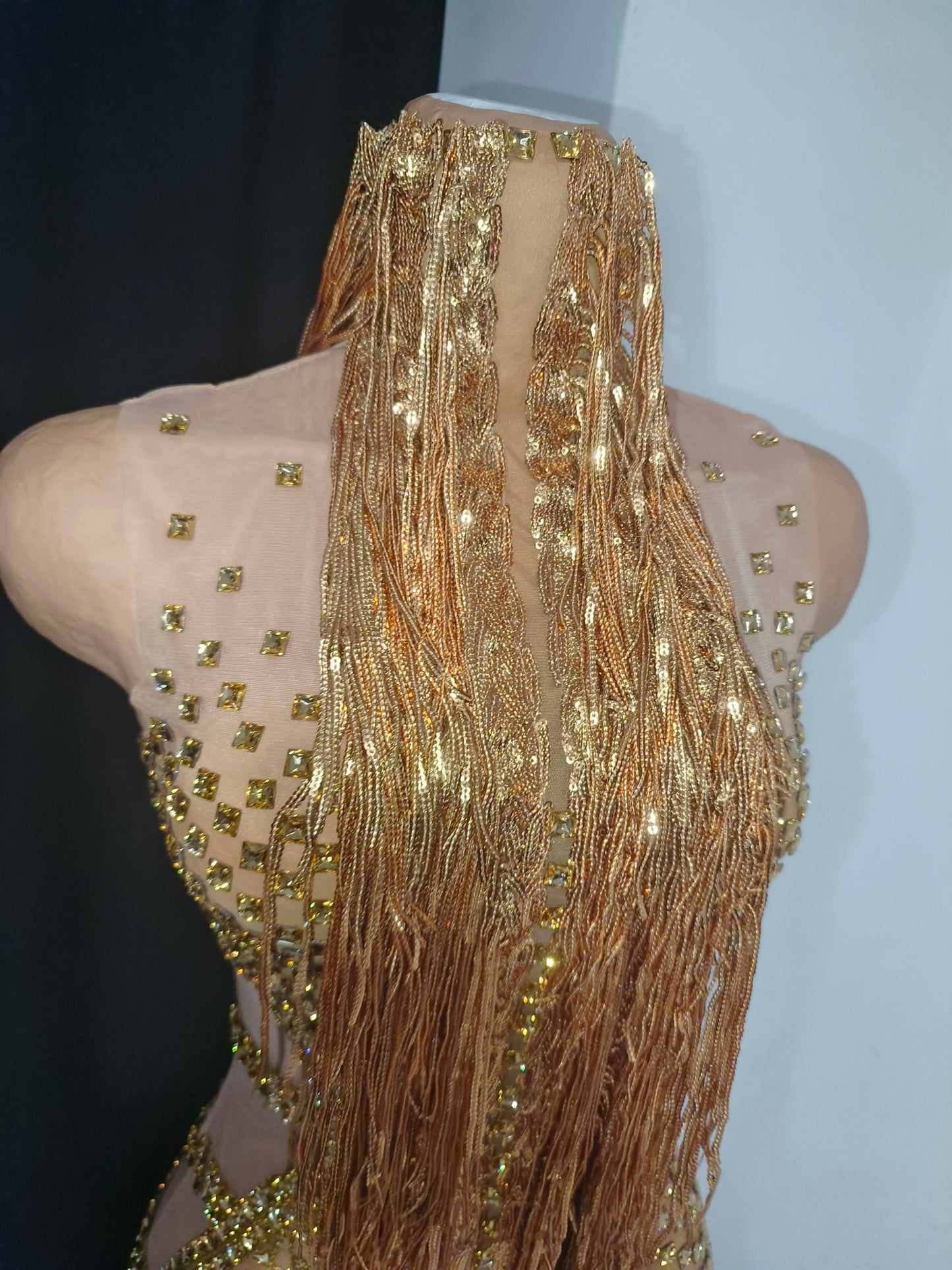 CELESINYI Jintiao Crystal Gold Fringe Bodysuit