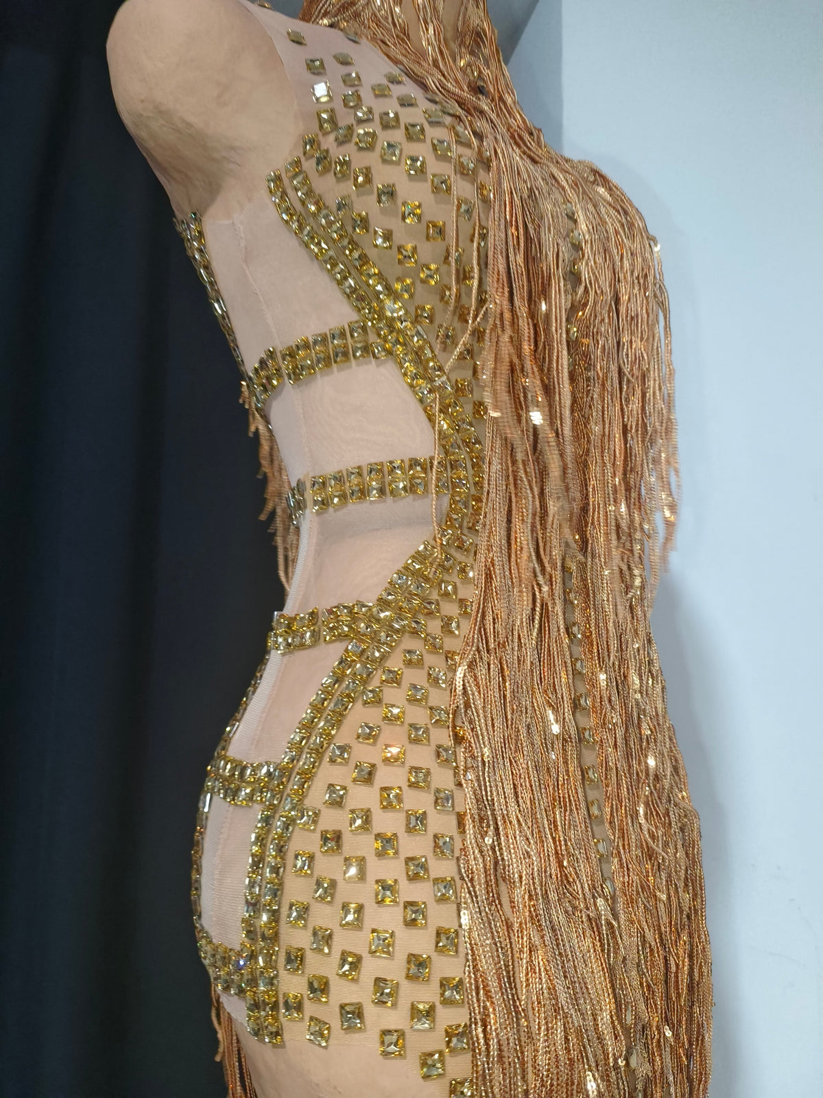 CELESINYI Jintiao Crystal Gold Fringe Bodysuit