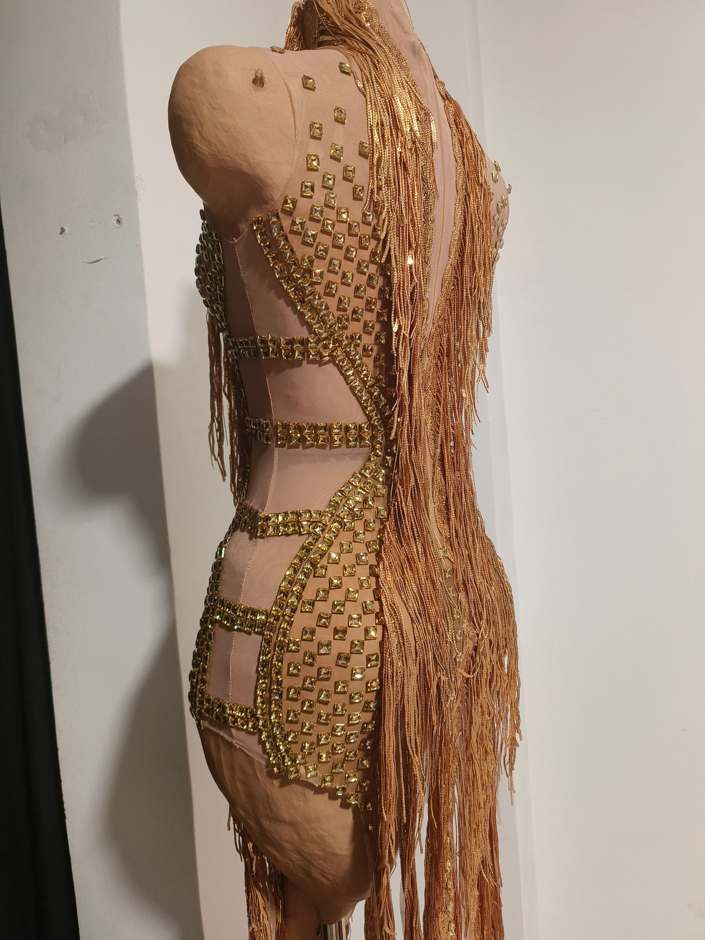 CELESINYI Jintiao Crystal Gold Fringe Bodysuit