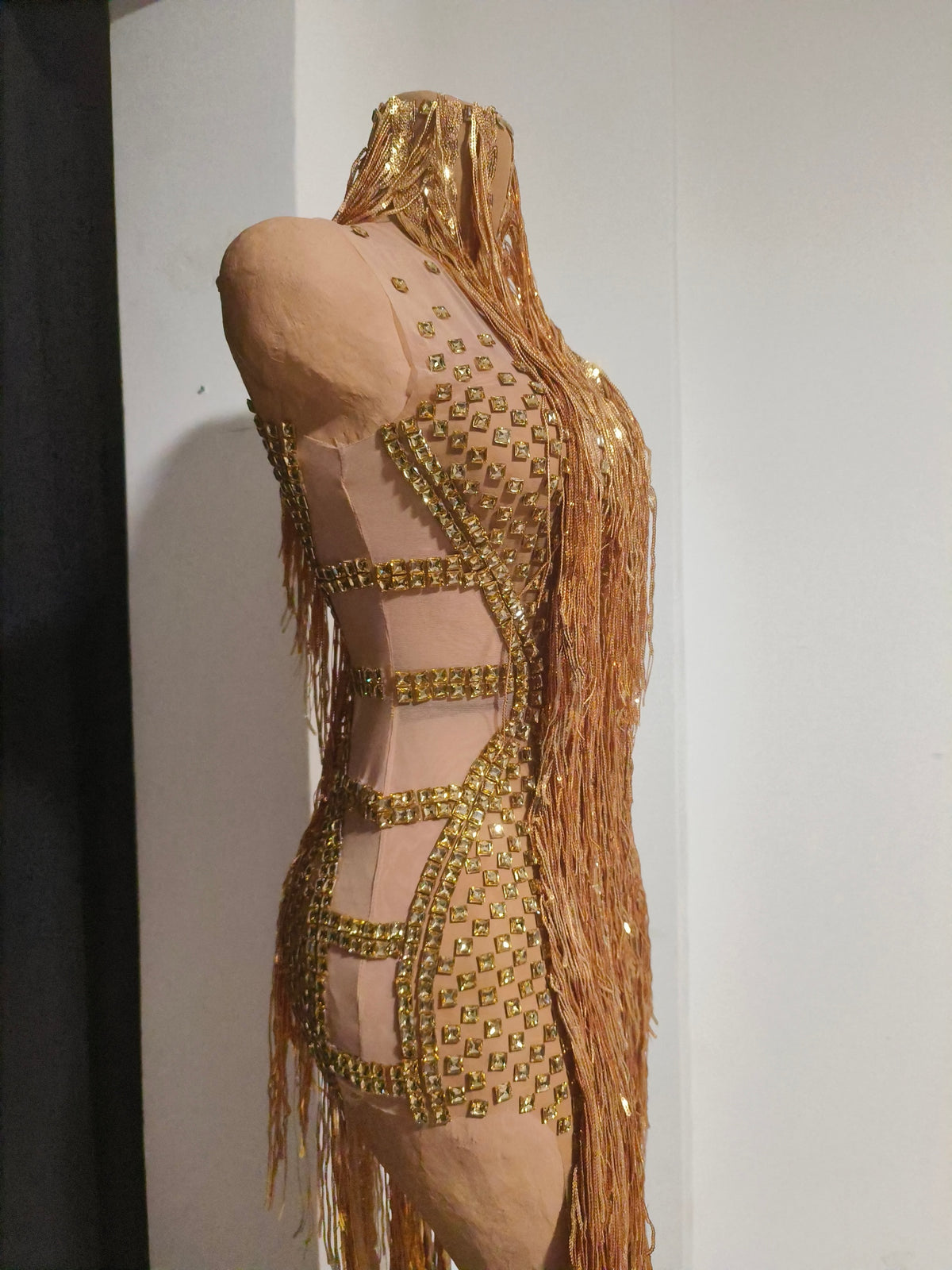 CELESINYI Jintiao Crystal Gold Fringe Bodysuit