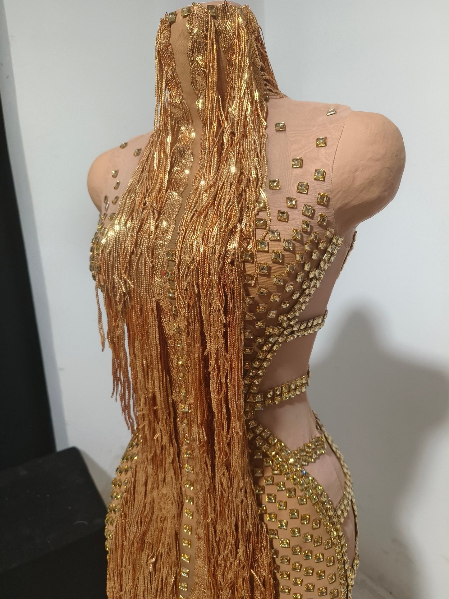 CELESINYI Jintiao Crystal Gold Fringe Bodysuit