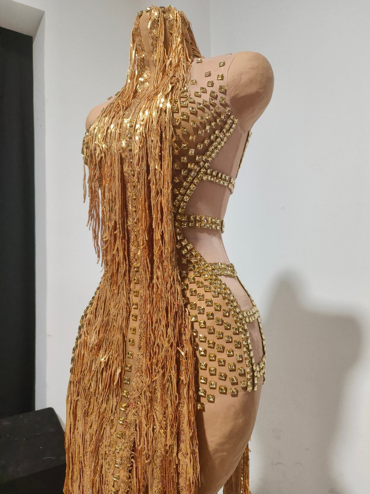 CELESINYI Jintiao Crystal Gold Fringe Bodysuit