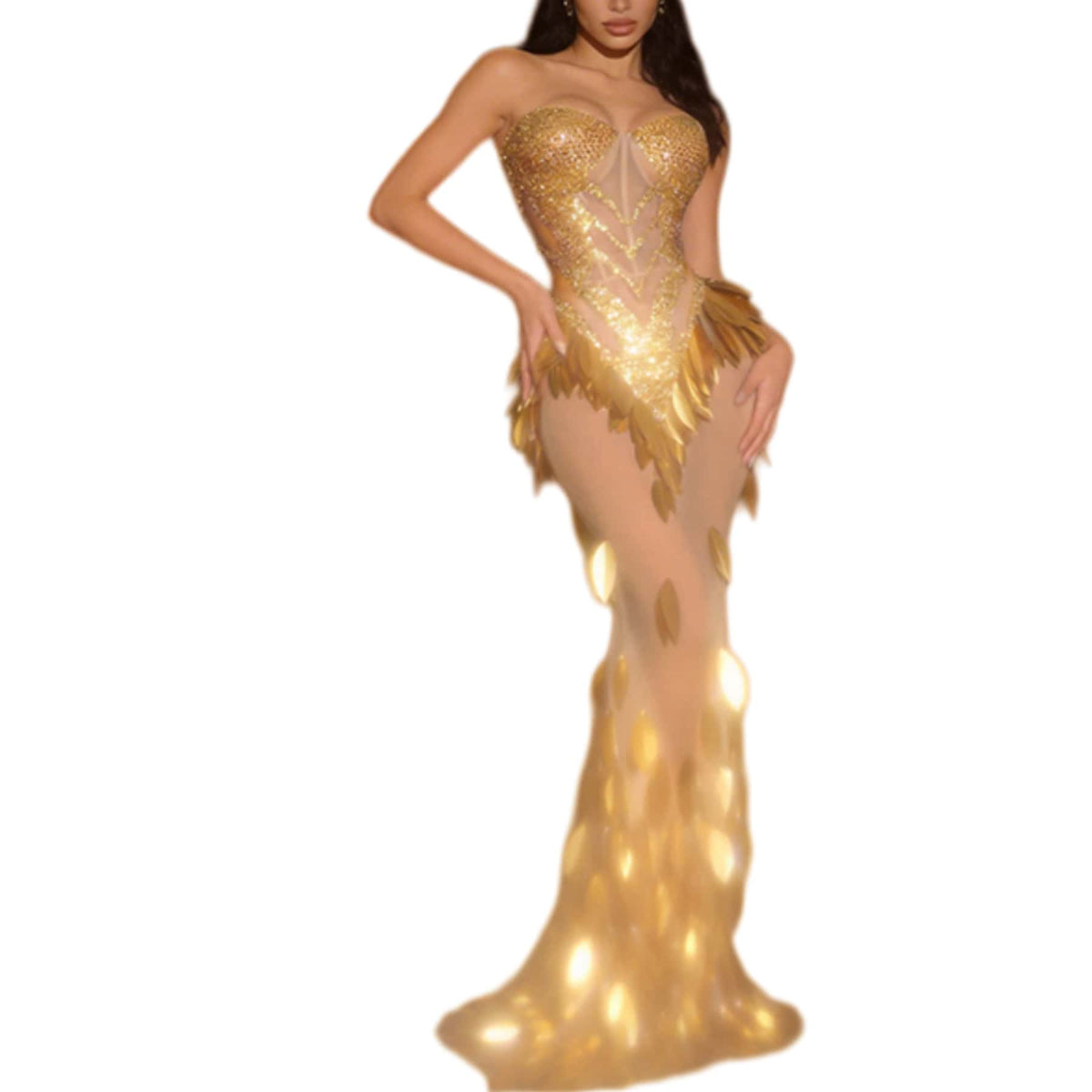 CELESINYI Yuanbao Crystal Gold Leaf Mermaid Gown