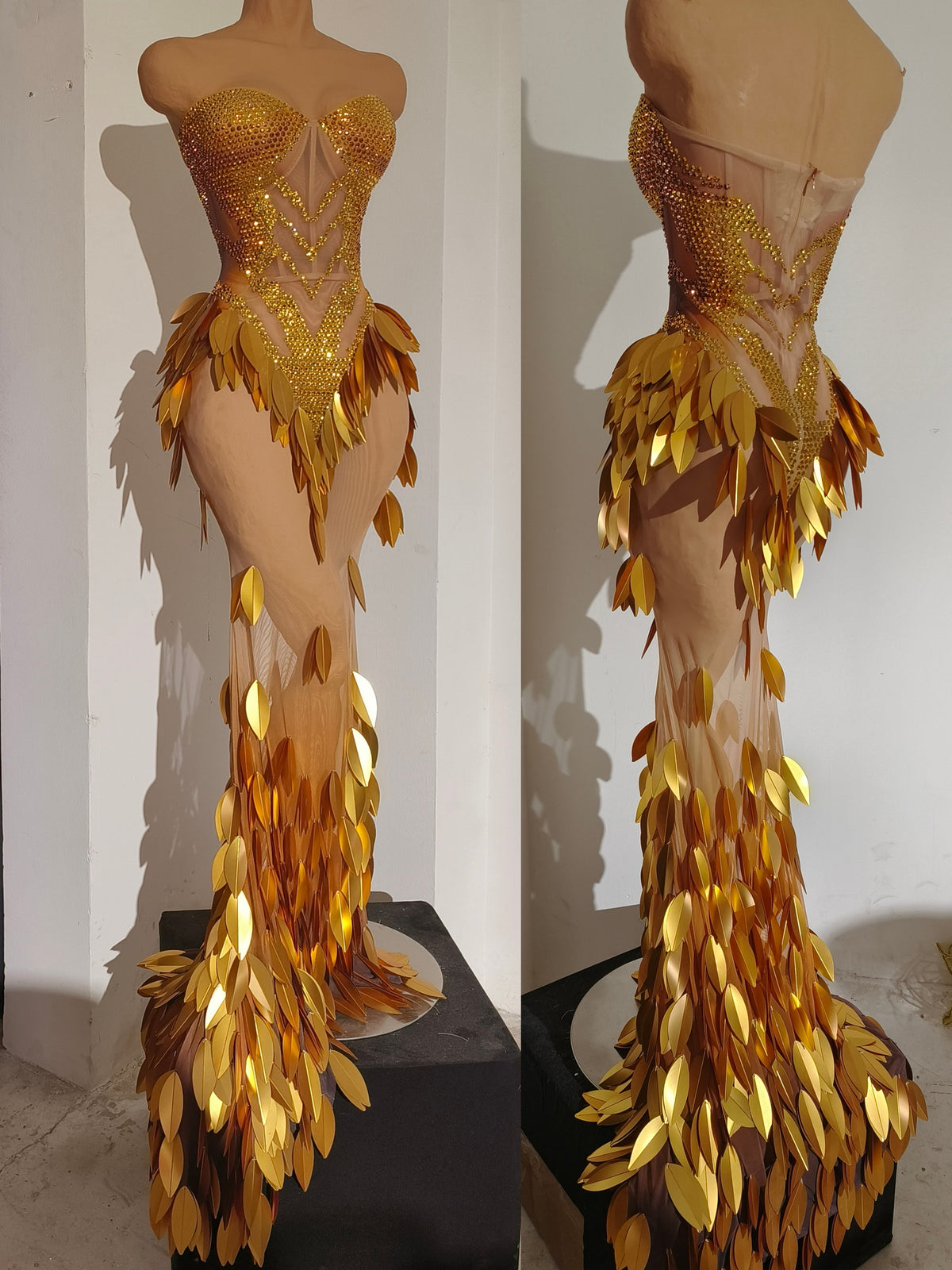 CELESINYI Yuanbao Crystal Gold Leaf Mermaid Gown