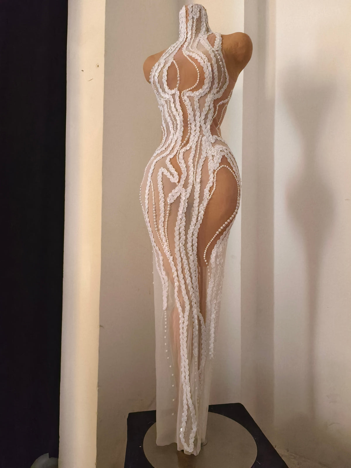 CELESINYI Baizhi Crystal White Pearl Lace Gown