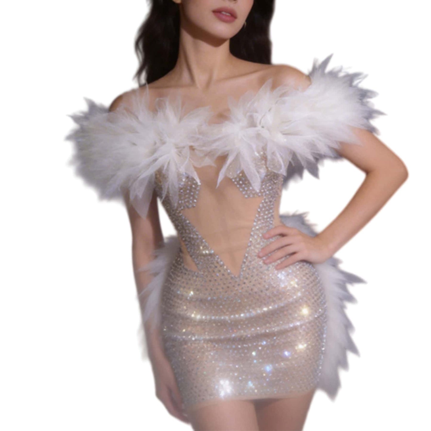 CELESINYI Shuimian Crystal White Off Shoulder Mini Dress