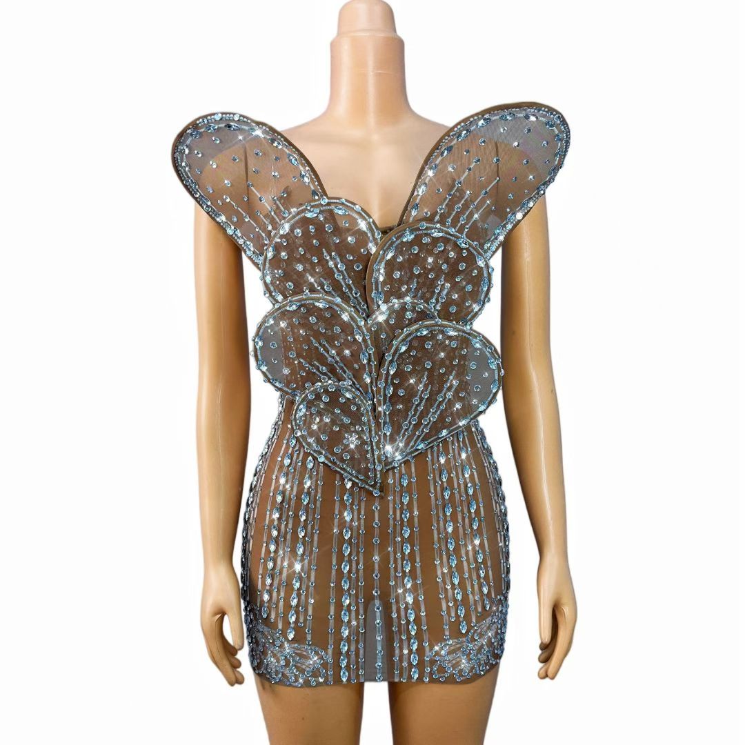 CELESINYI Yehuaban Crystal Deep Petal Mini Dress