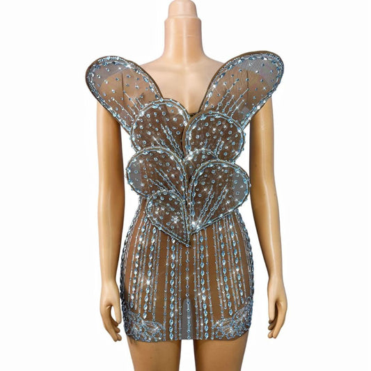 CELESINYI Yehuaban Crystal Deep Petal Mini Dress