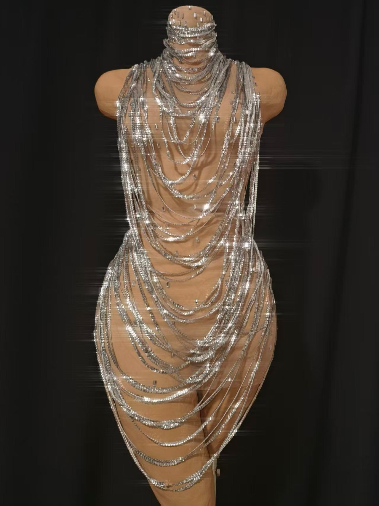 CELESINYI Xiansuo Crystal Silver Chain Dress