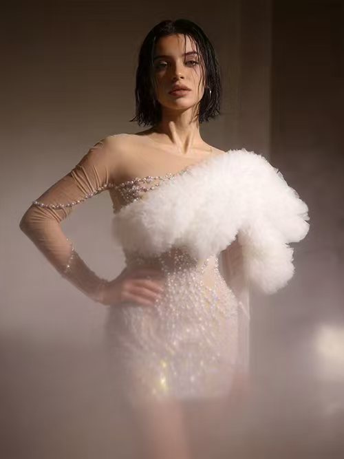 CELESINYI Tianxiang Crystal One Shoulder Mini Dress