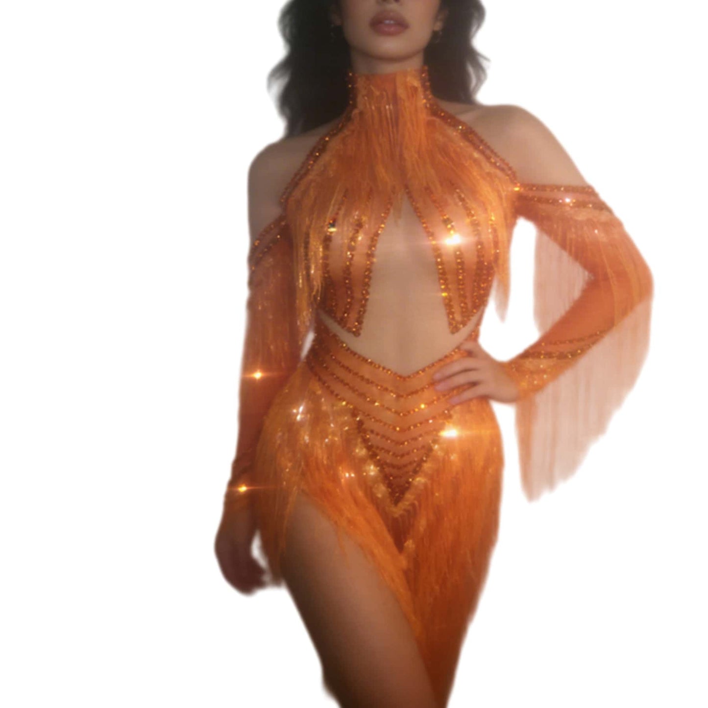CELESINYI Chengzhi Crystal Orange Fringe Dress