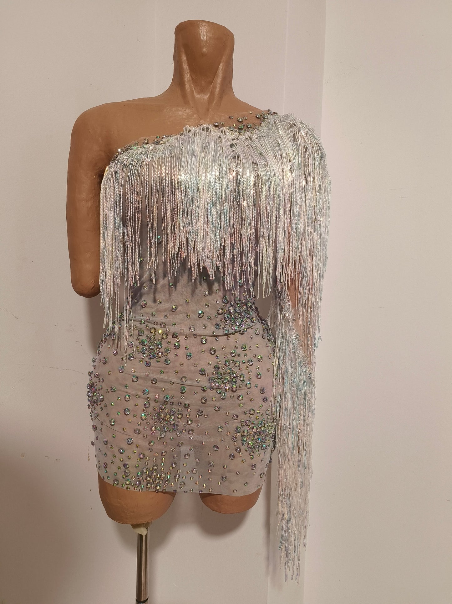 CELESINYI Keshu Crystal Rainbow Fringe Mini Dress