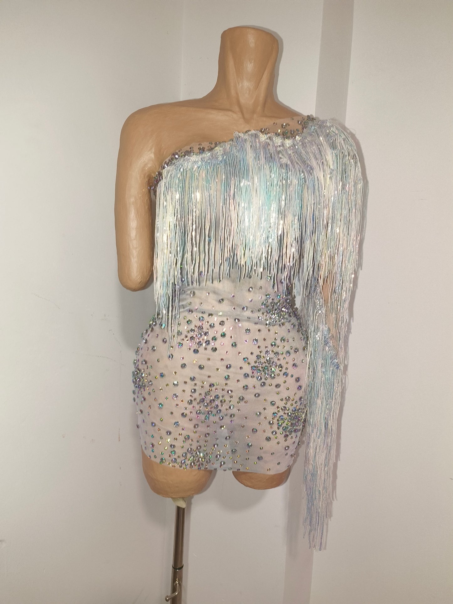 CELESINYI Keshu Crystal Rainbow Fringe Mini Dress