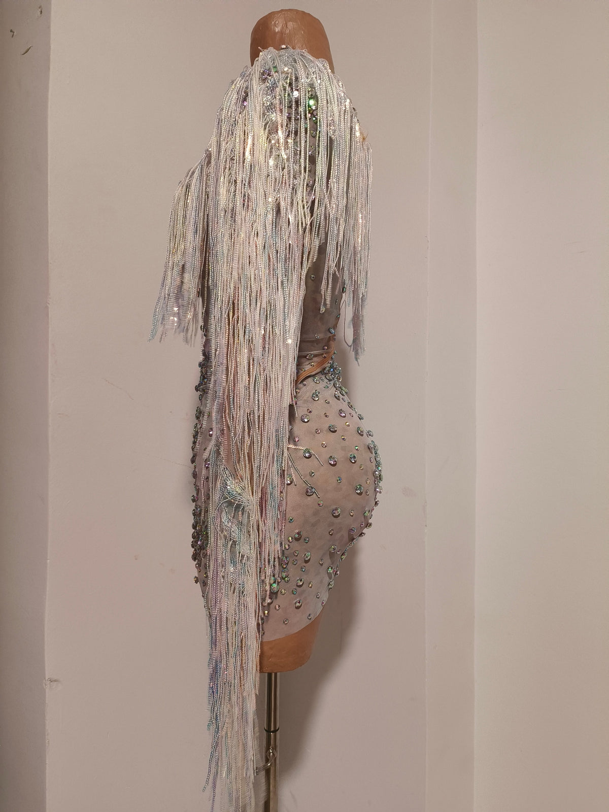 CELESINYI Keshu Crystal Rainbow Fringe Mini Dress