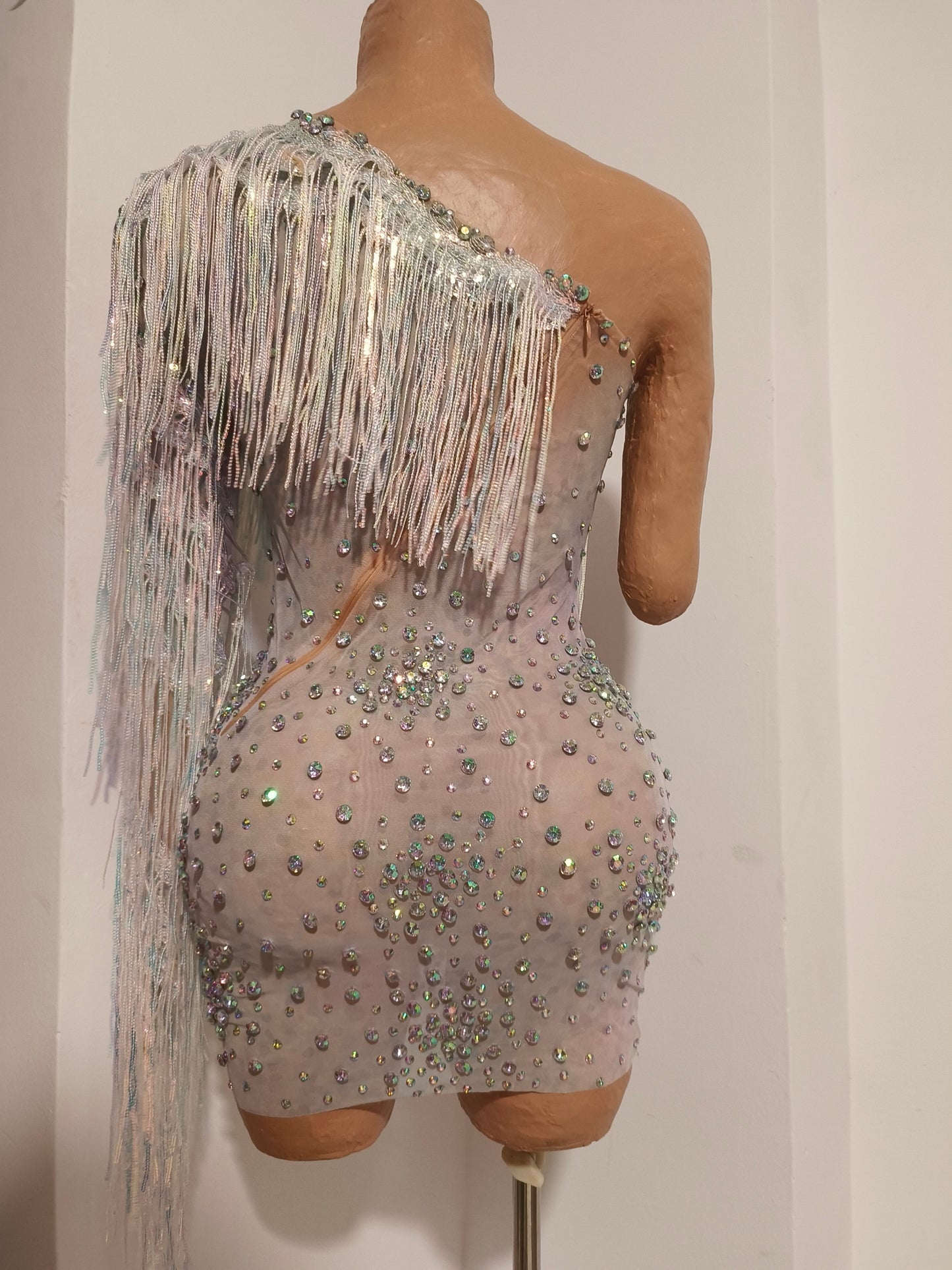 CELESINYI Keshu Crystal Rainbow Fringe Mini Dress