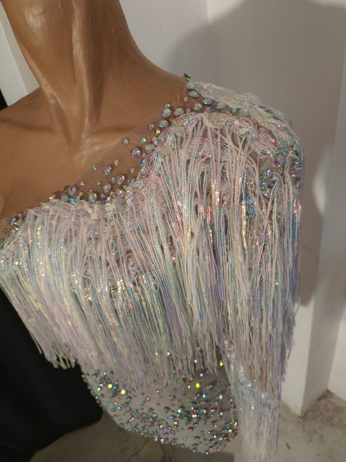 CELESINYI Keshu Crystal Rainbow Fringe Mini Dress
