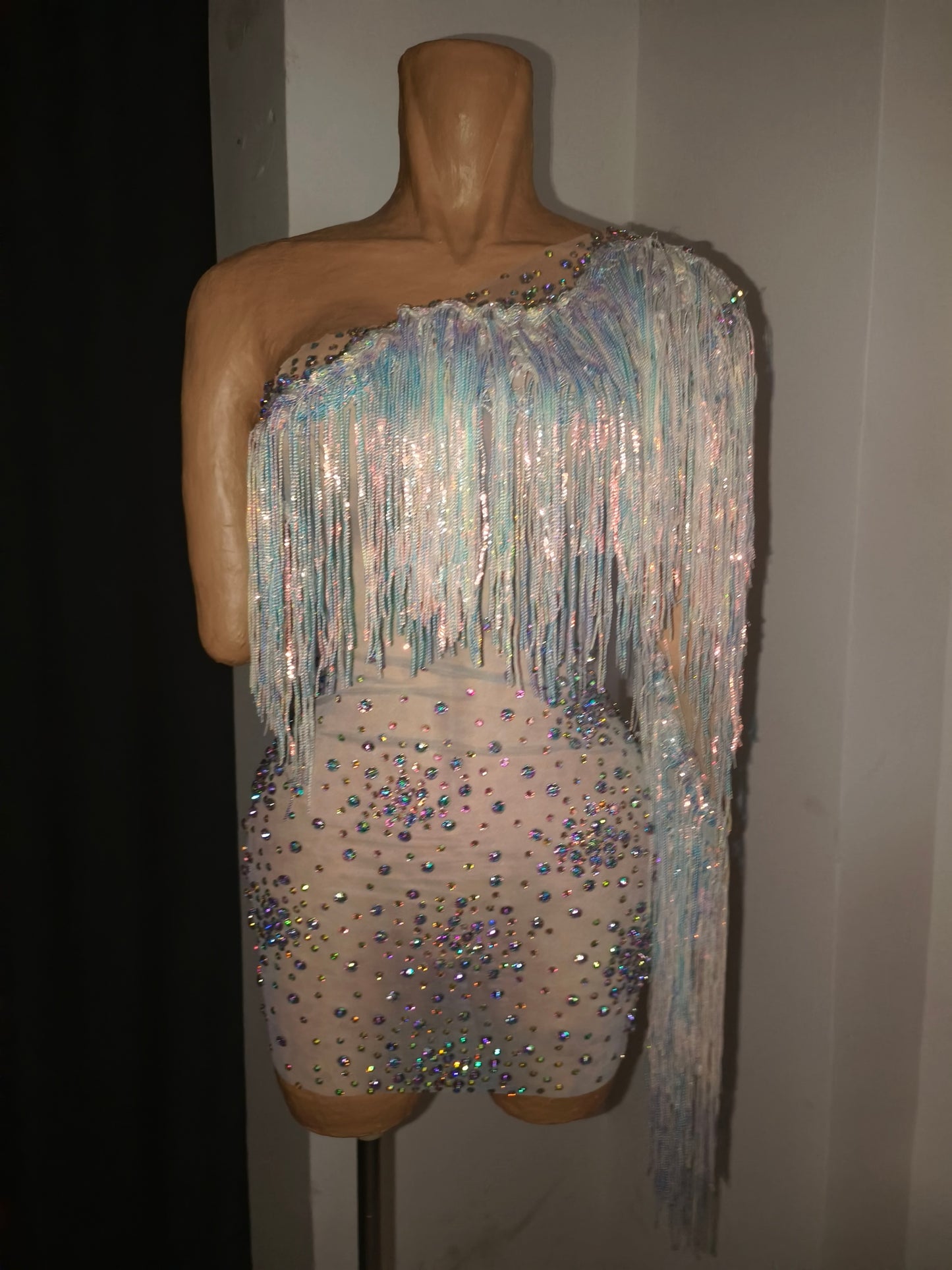 CELESINYI Keshu Crystal Rainbow Fringe Mini Dress