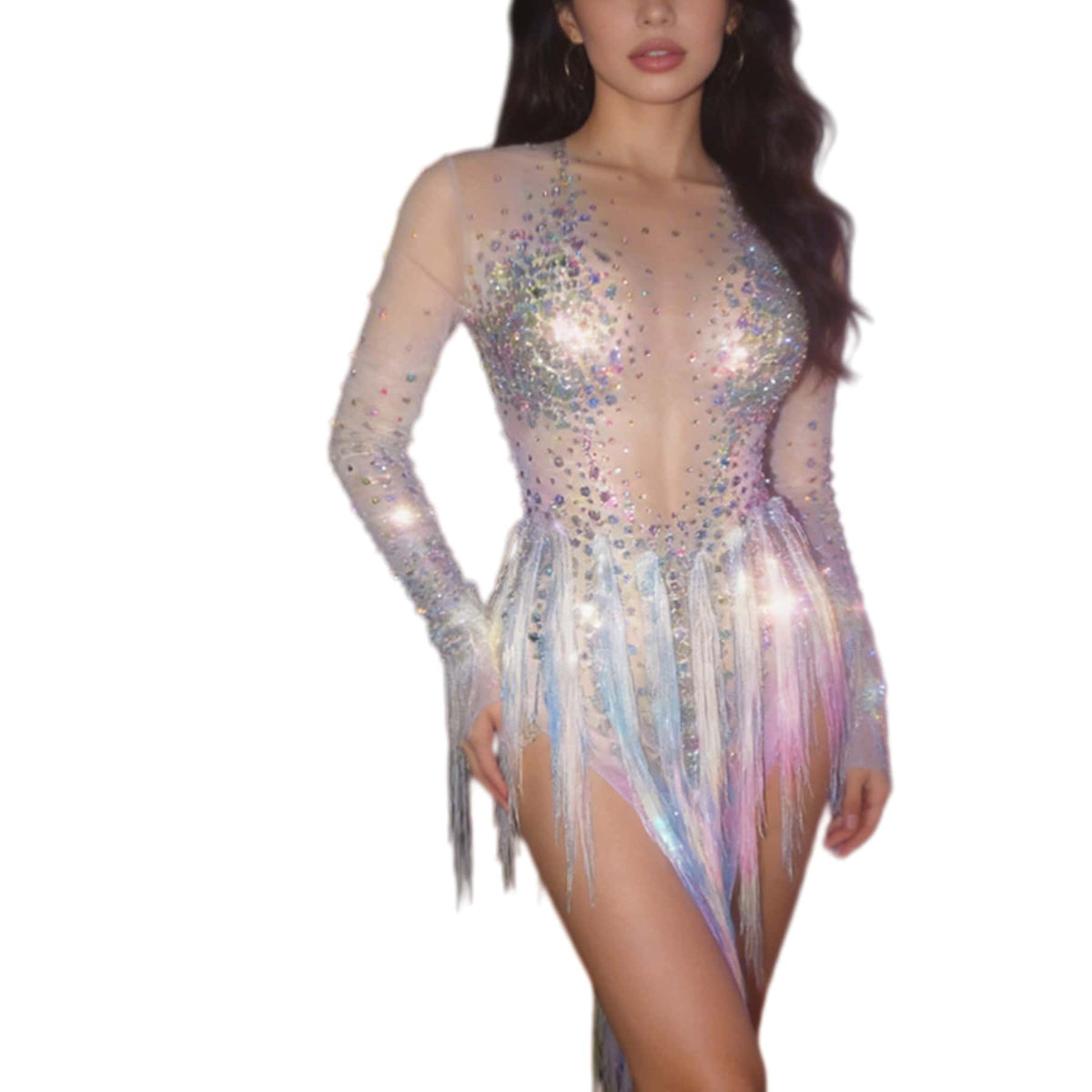 CELESINYI Mihuan Crystal Iridescent Fringe Bodysuit