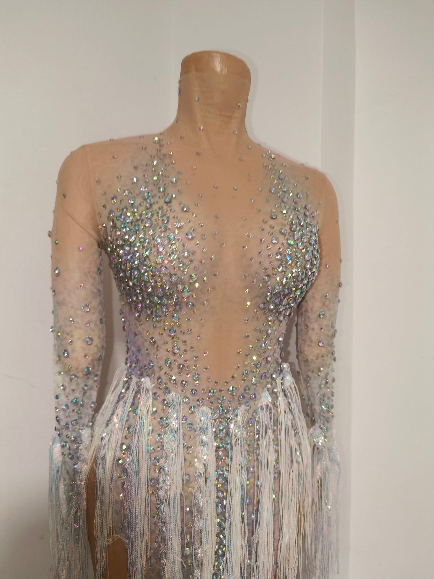 CELESINYI Mihuan Crystal Iridescent Fringe Bodysuit