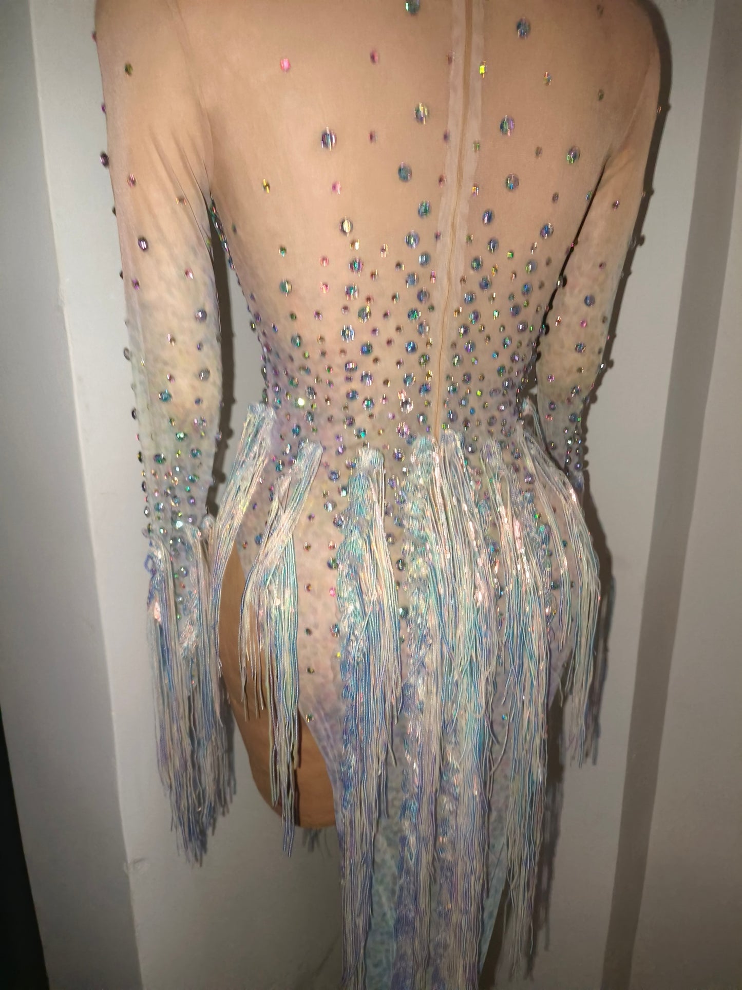 CELESINYI Mihuan Crystal Iridescent Fringe Bodysuit