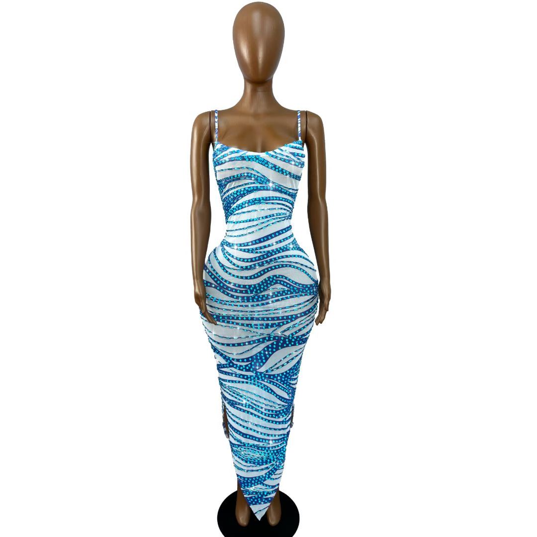 CELESINYI Zongheng Crystal Stripe Bodycon Dress
