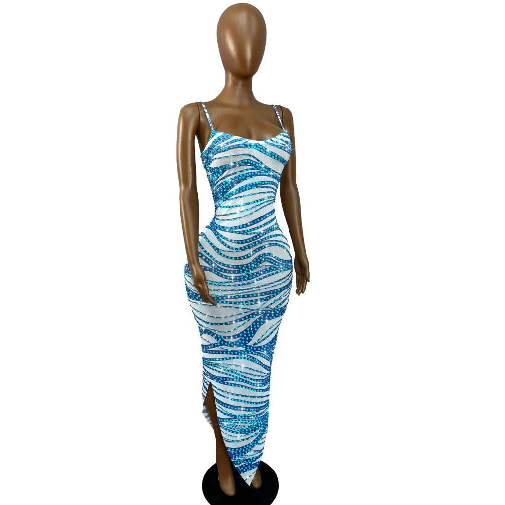 CELESINYI Zongheng Crystal Stripe Bodycon Dress