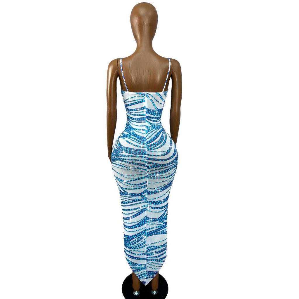 CELESINYI Zongheng Crystal Stripe Bodycon Dress