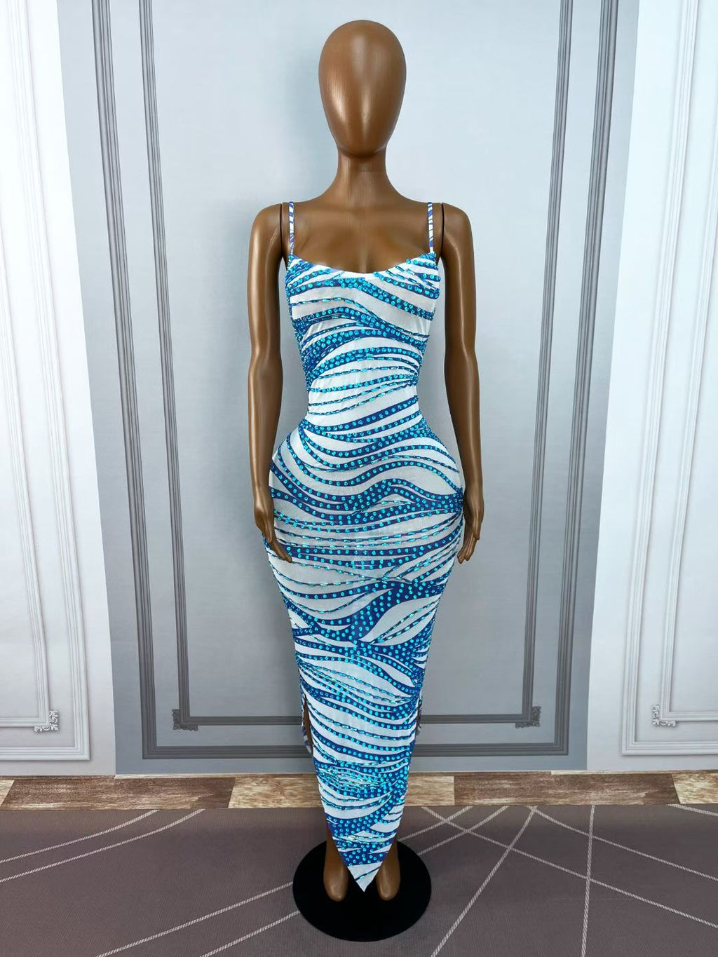 CELESINYI Zongheng Crystal Stripe Bodycon Dress
