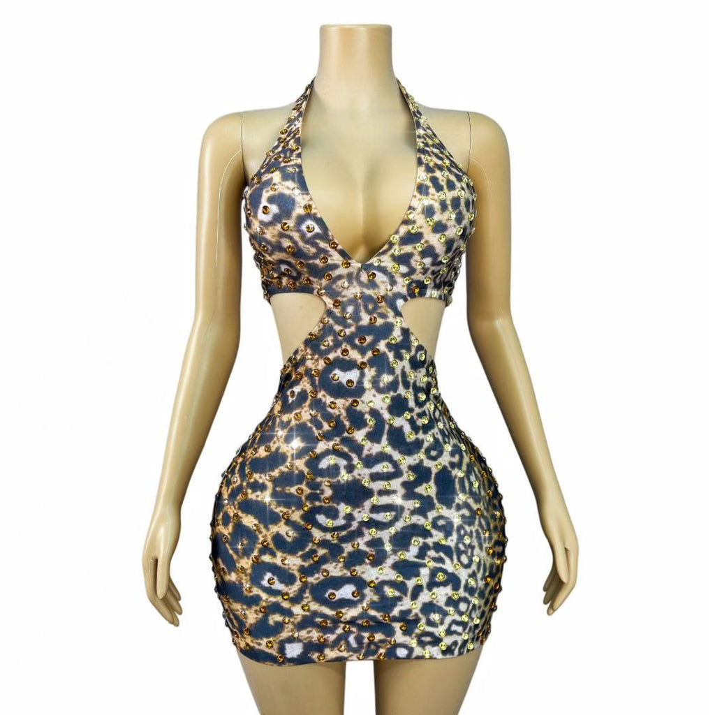 CELESINYI Weibobao Crystal Leopard Halter Mini Dress