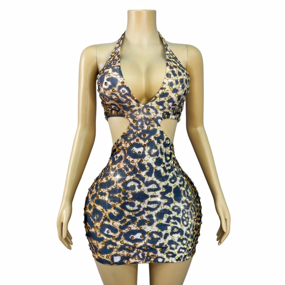 CELESINYI Weibobao Crystal Leopard Halter Mini Dress