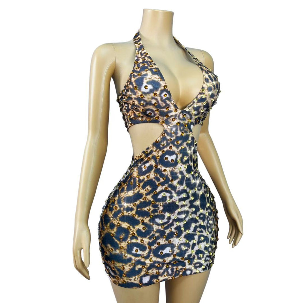 CELESINYI Weibobao Crystal Leopard Halter Mini Dress