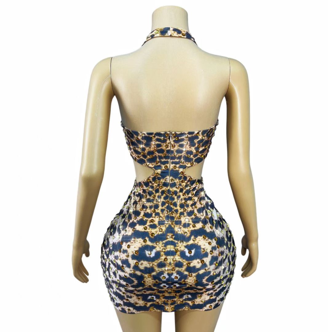 CELESINYI Weibobao Crystal Leopard Halter Mini Dress