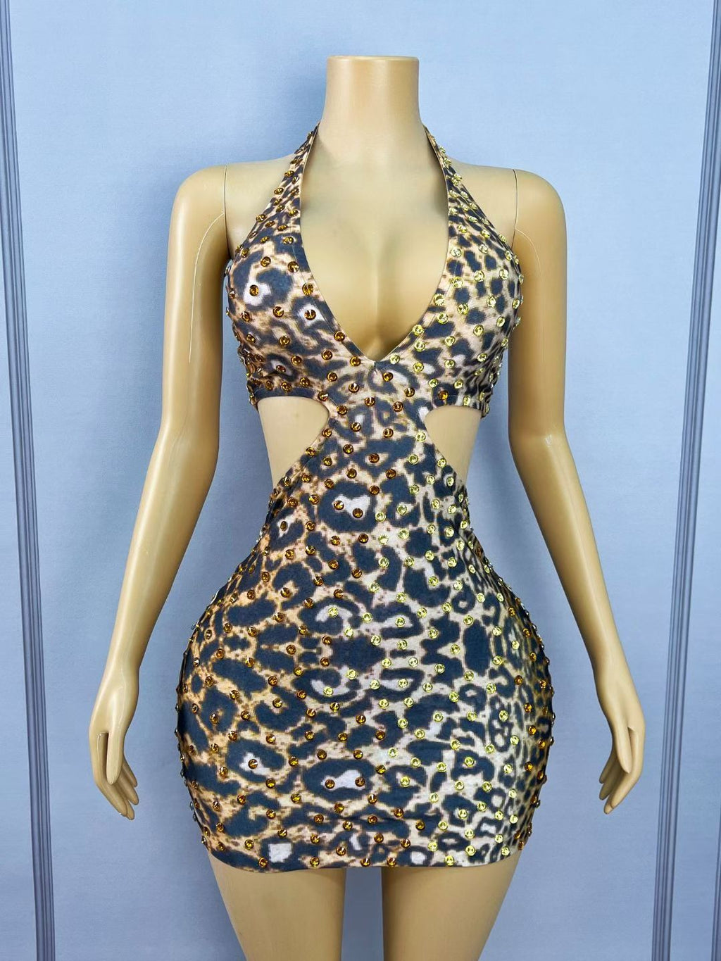 CELESINYI Weibobao Crystal Leopard Halter Mini Dress