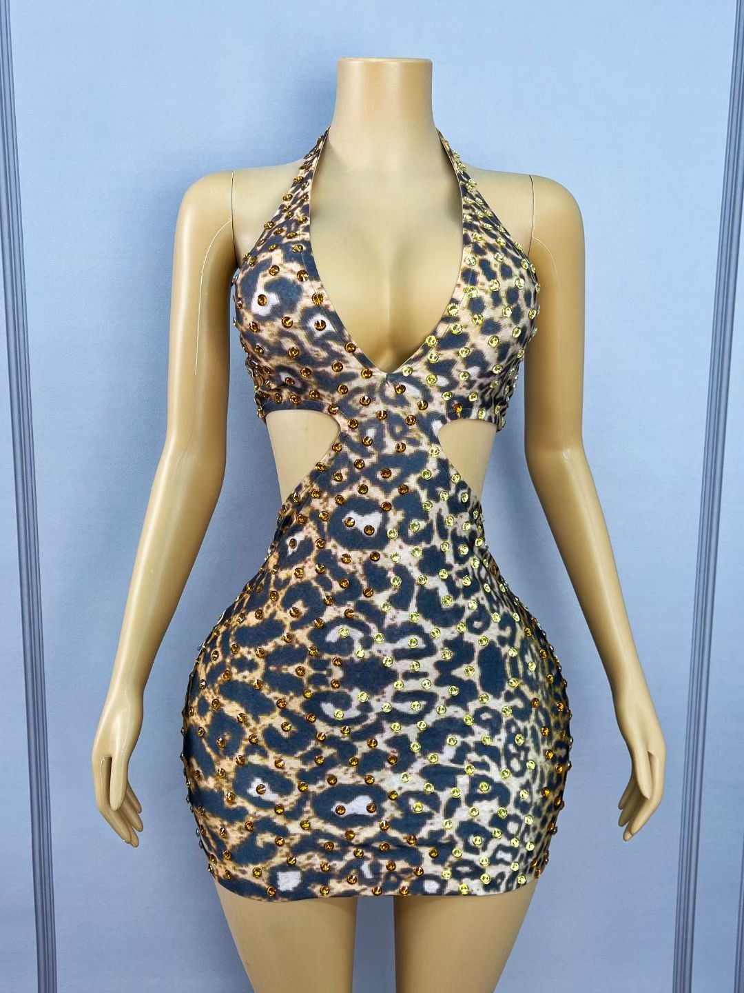 CELESINYI Weibobao Crystal Leopard Halter Mini Dress