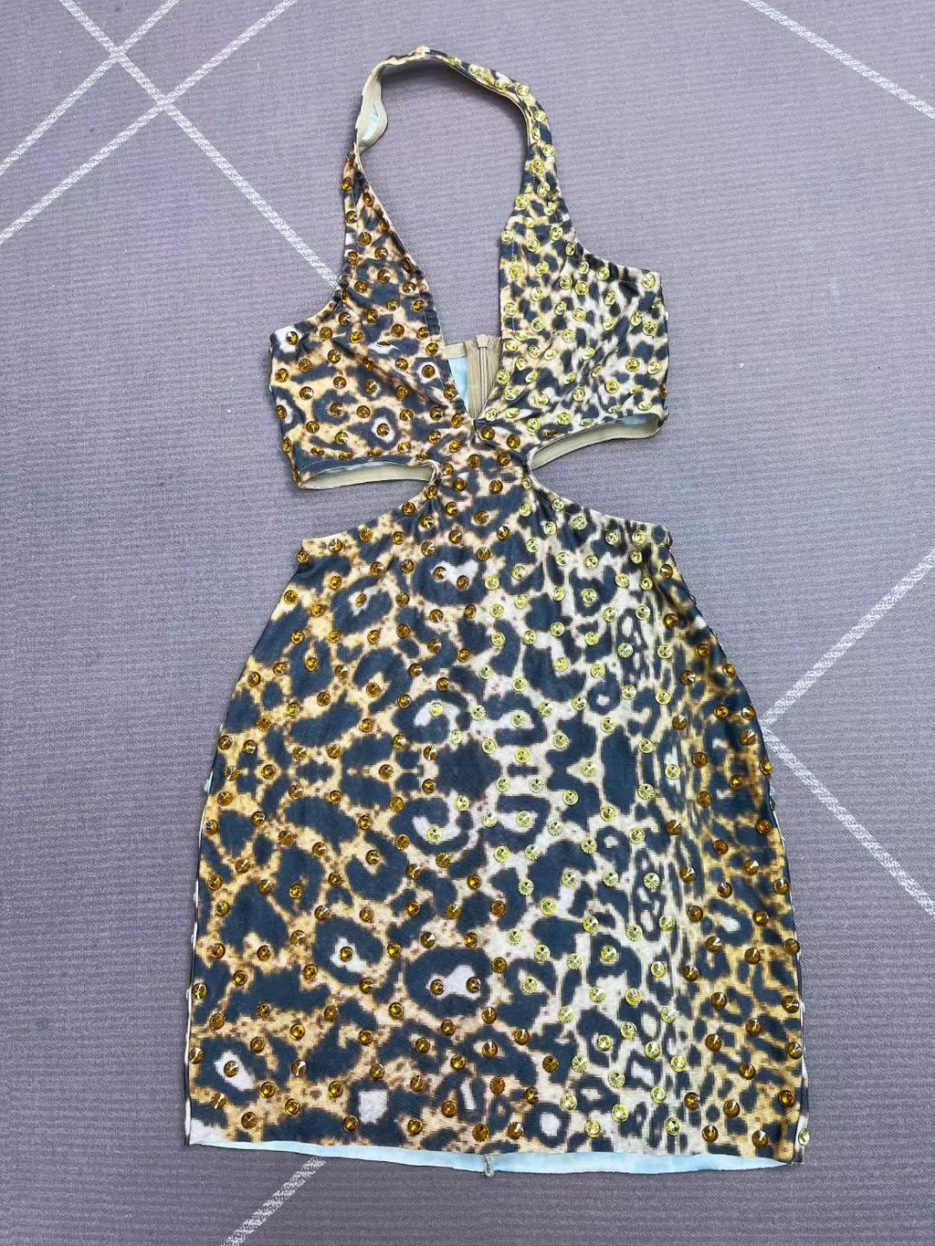 CELESINYI Weibobao Crystal Leopard Halter Mini Dress