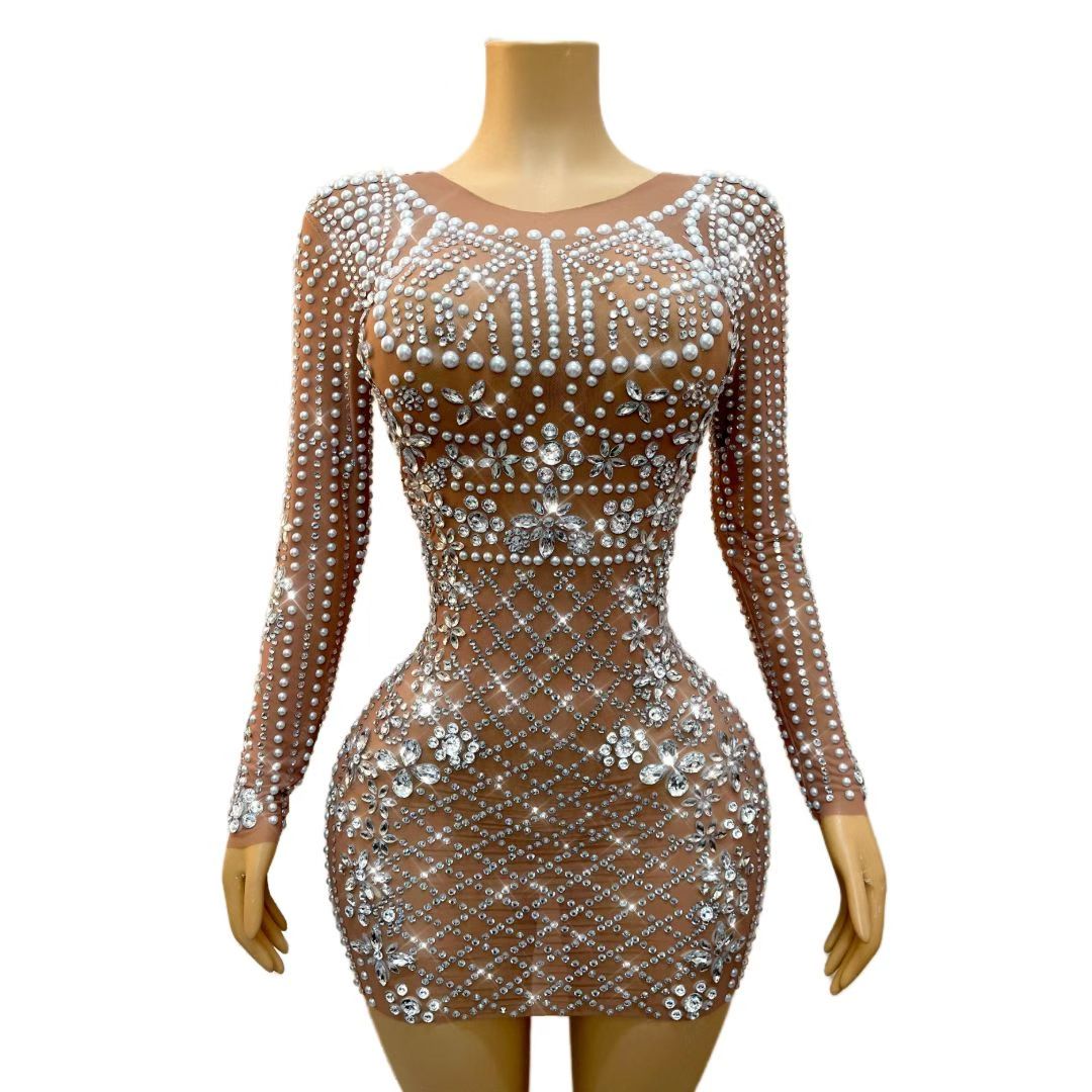 CELESINYI Wanggezhenzhu Crystal Pearl Lattice Mini Dress