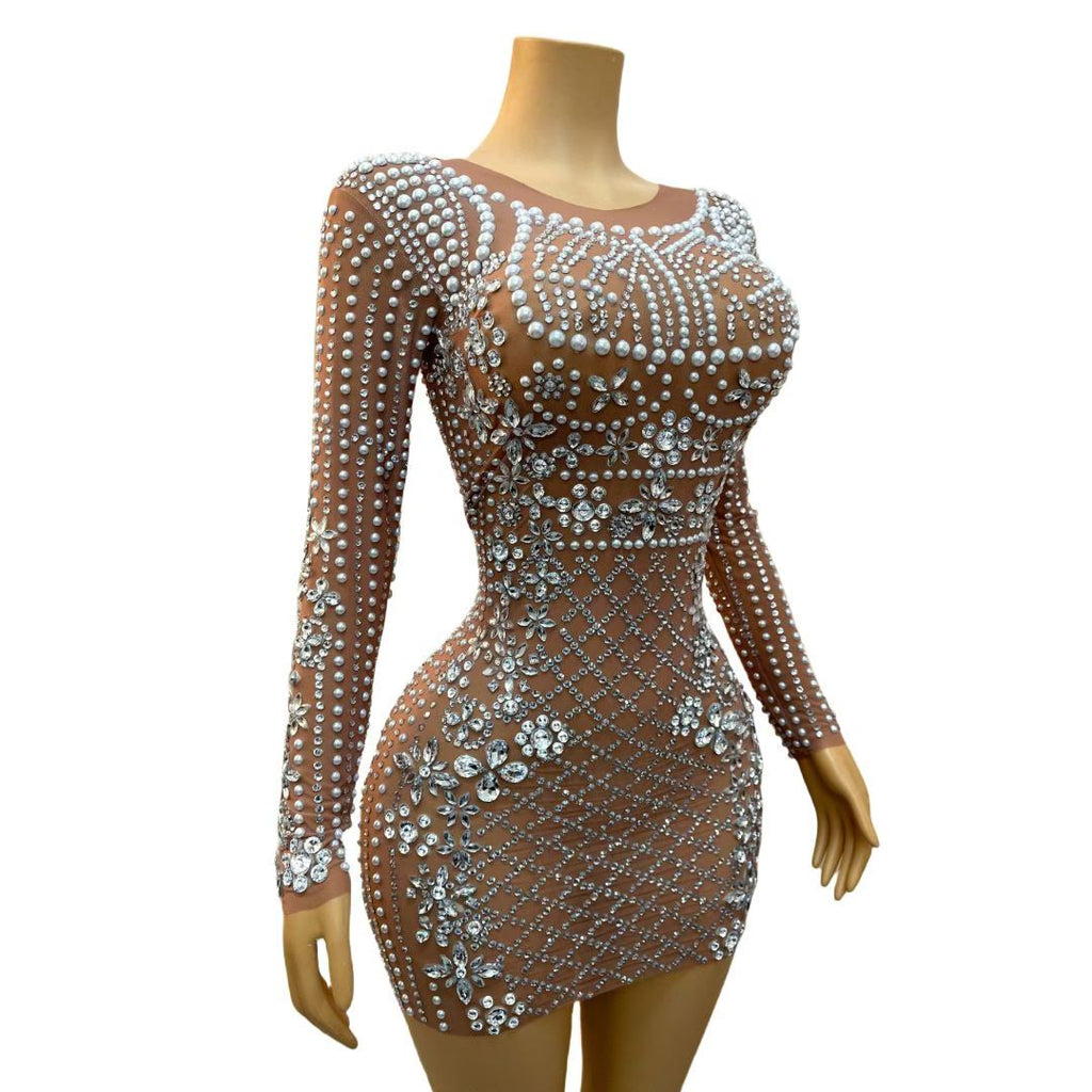CELESINYI Wanggezhenzhu Crystal Pearl Lattice Mini Dress